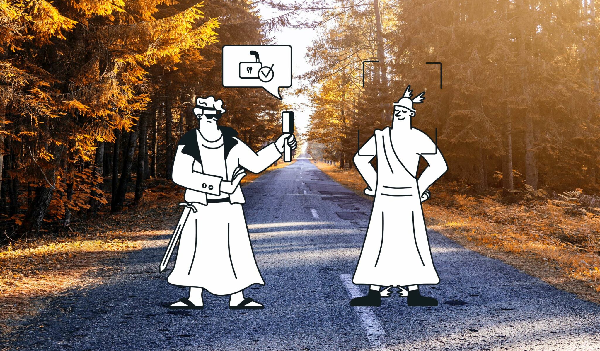 Greek god cartoon characters on wooded path
