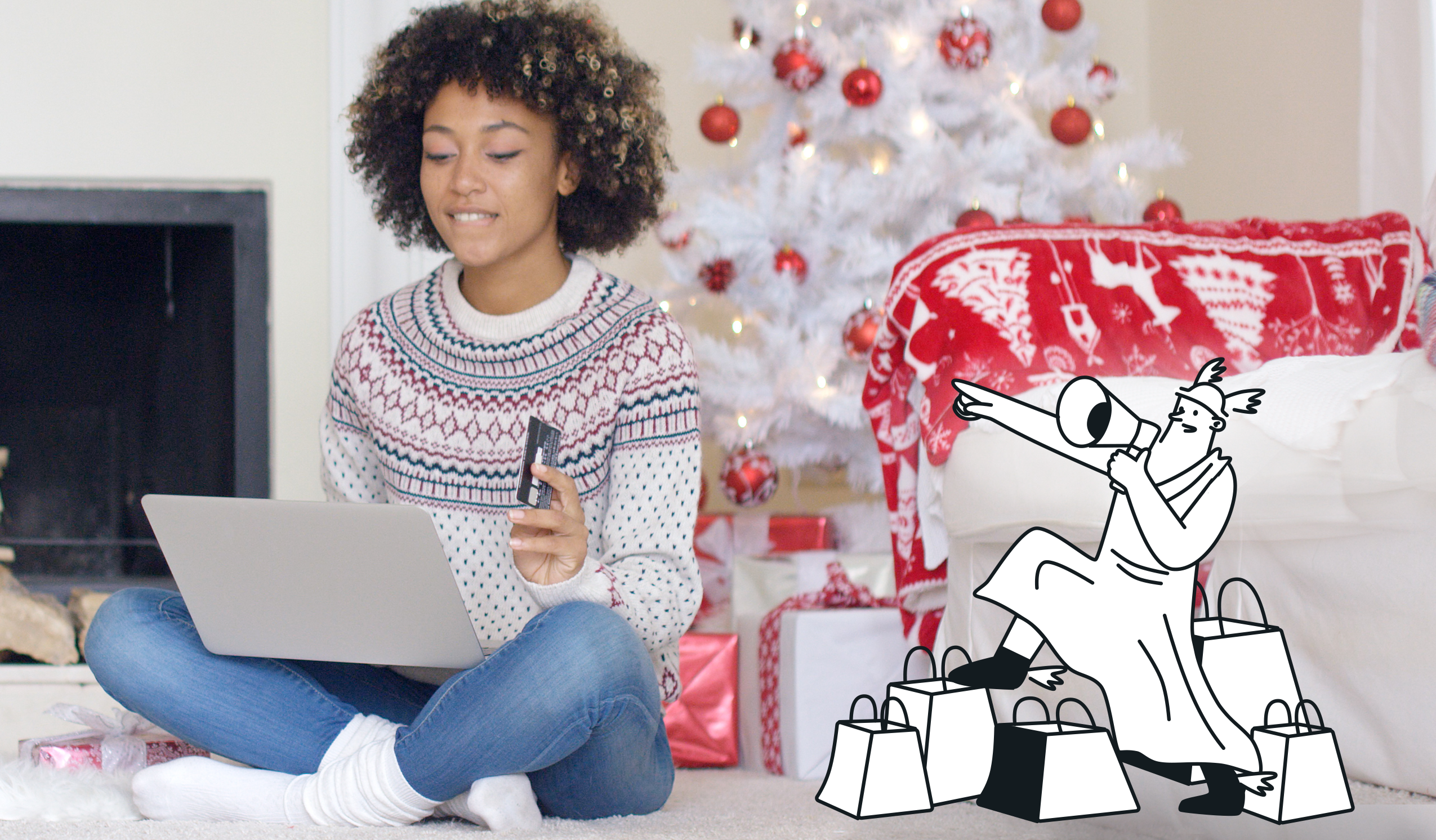 women shops online for black friday deals next to a christmas tree
