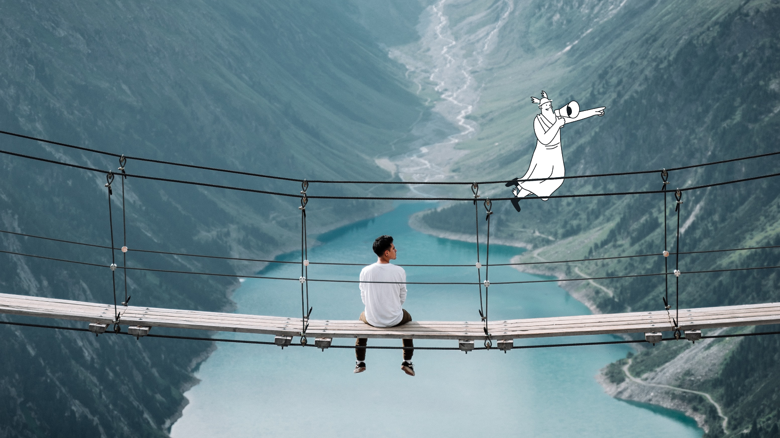 Man sits on suspension bridge near mountains. Illustraton points to inbox insights