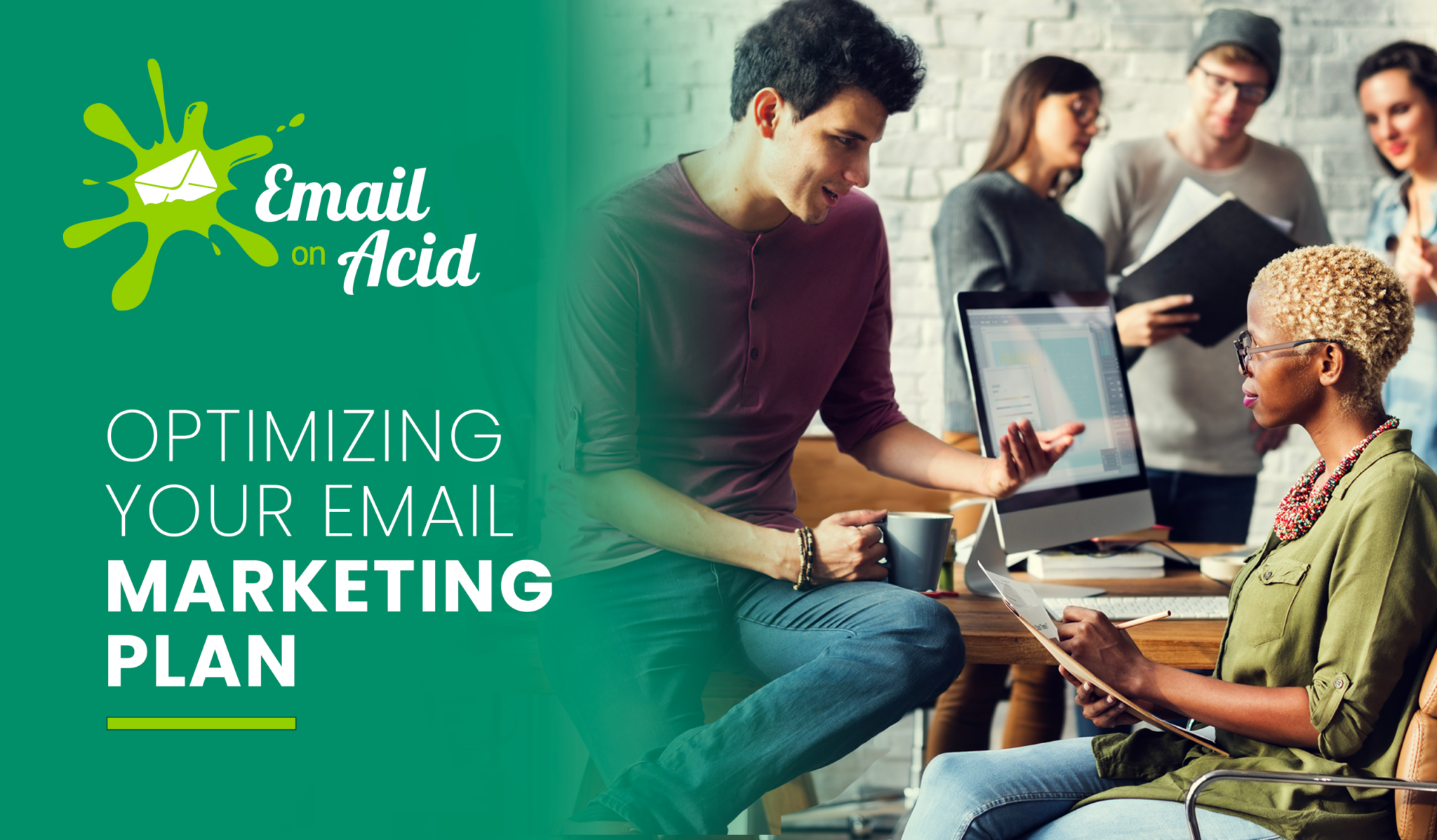 Colleagues discuss email marketing optimization.